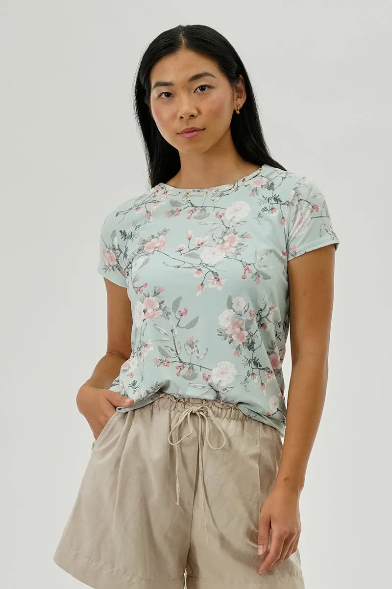 International INC Company Floral Gommet Neck Detail Tee - Aqua sold by Fairweather