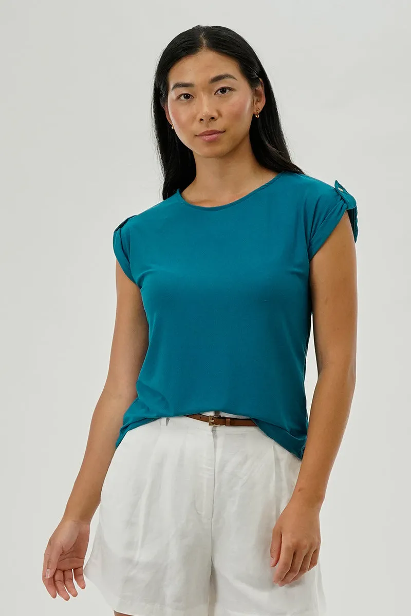 Beechers Brook Short Sleeve Split Back Blouse - Turquoise sold by Fairweather