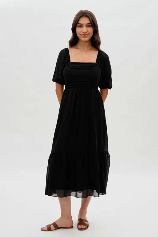 Beechers Brook Pleated Puff Sleeve Midi Dress - Black sold by Fairweather