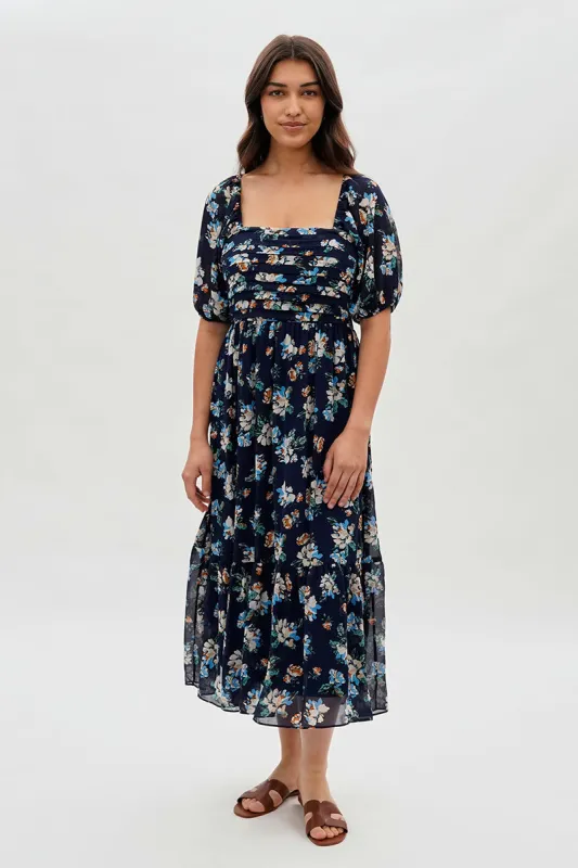 Beechers Brook Pleated Square Neck Midi Dress - Navy sold by Fairweather