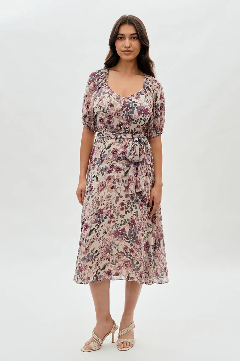 Costa Blanca Floral Short Sleeve Midi Dress - Beige sold by Fairweather