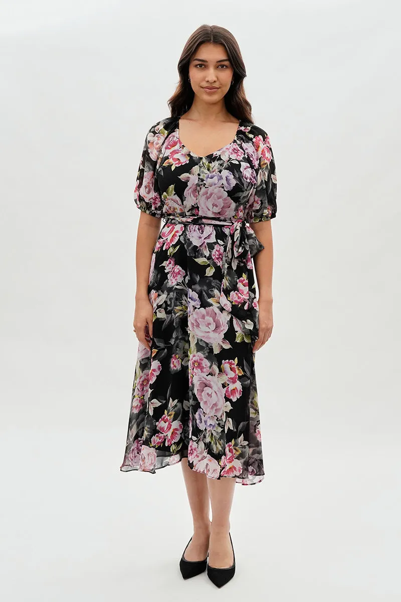 Costa Blanca Floral Short Sleeve Midi Dress - Black sold by Fairweather