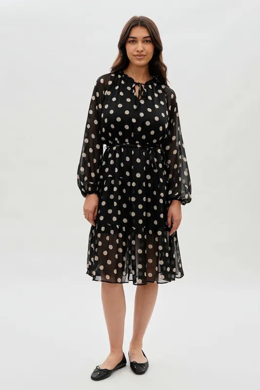 Costa Blanca Polka Dot Long Sleeve Day Dress - Black sold by Fairweather