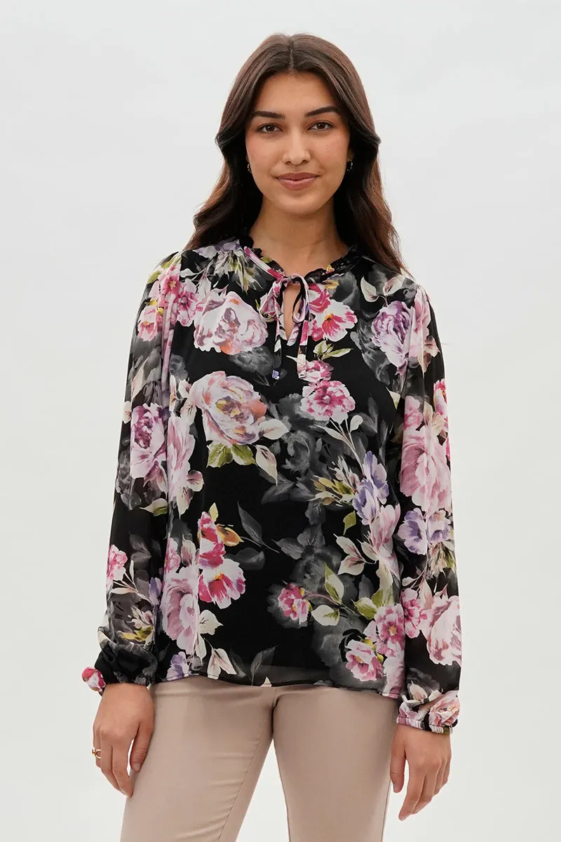 Beechers Brook Floral Tie-Neck Long Sleeve Blouse - Black sold by Fairweather