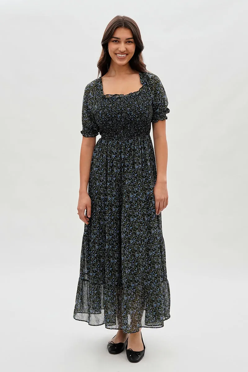 Costa Blanca Floral Smocked Short Sleeve Maxi Dress - Black sold by Fairweather product image thumbnail 5