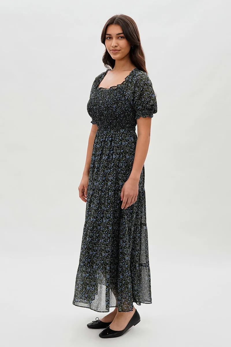 Costa Blanca Floral Smocked Short Sleeve Maxi Dress - Black sold by Fairweather product image thumbnail 2