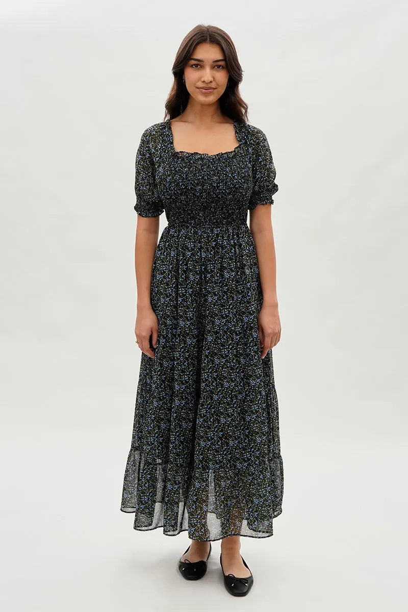 Costa Blanca Floral Smocked Short Sleeve Maxi Dress - Black sold by Fairweather
