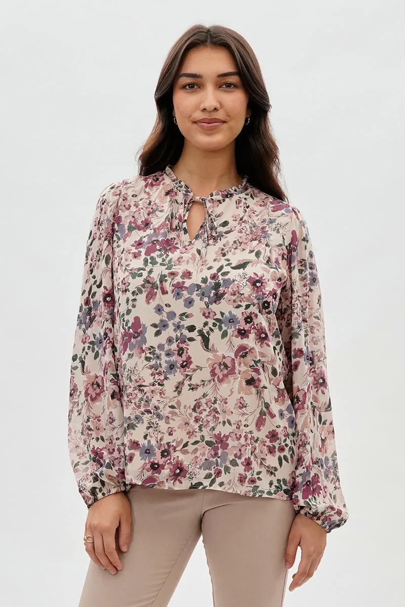 Beechers Brook Floral Tie-Neck Long Sleeve Blouse - Beige sold by Fairweather