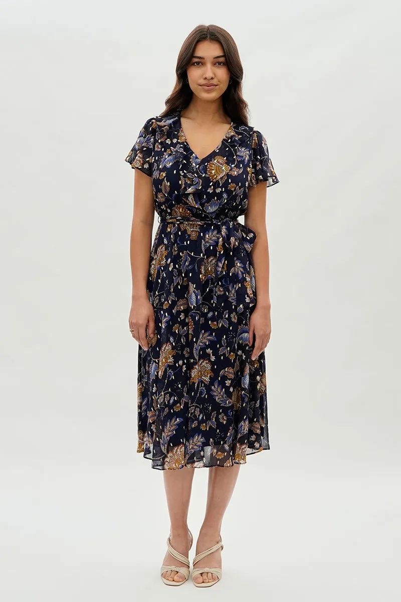 Beechers Brook Floral Ruffle Midi Dress - Navy sold by Fairweather