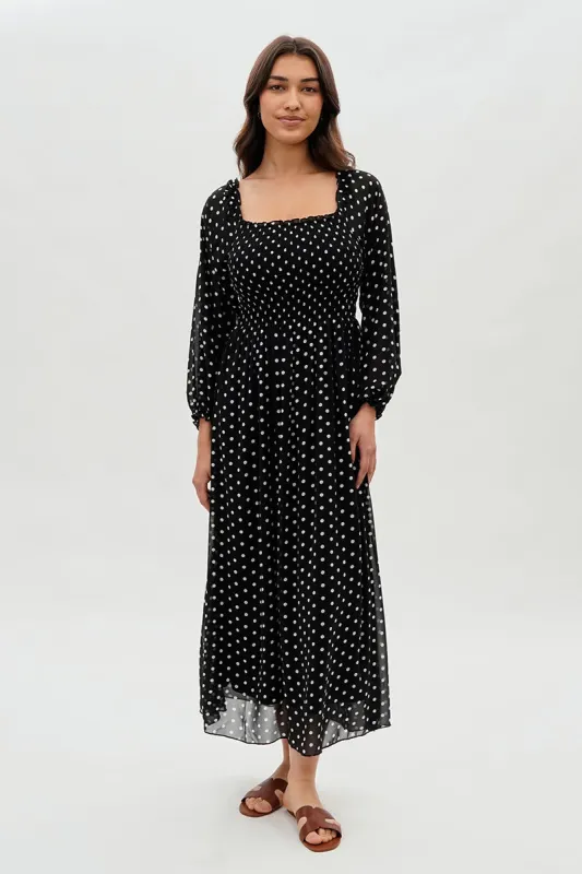 Costa Blanca Polka Dot Smocked Long Sleeve Maxi Dress - Black sold by Fairweather