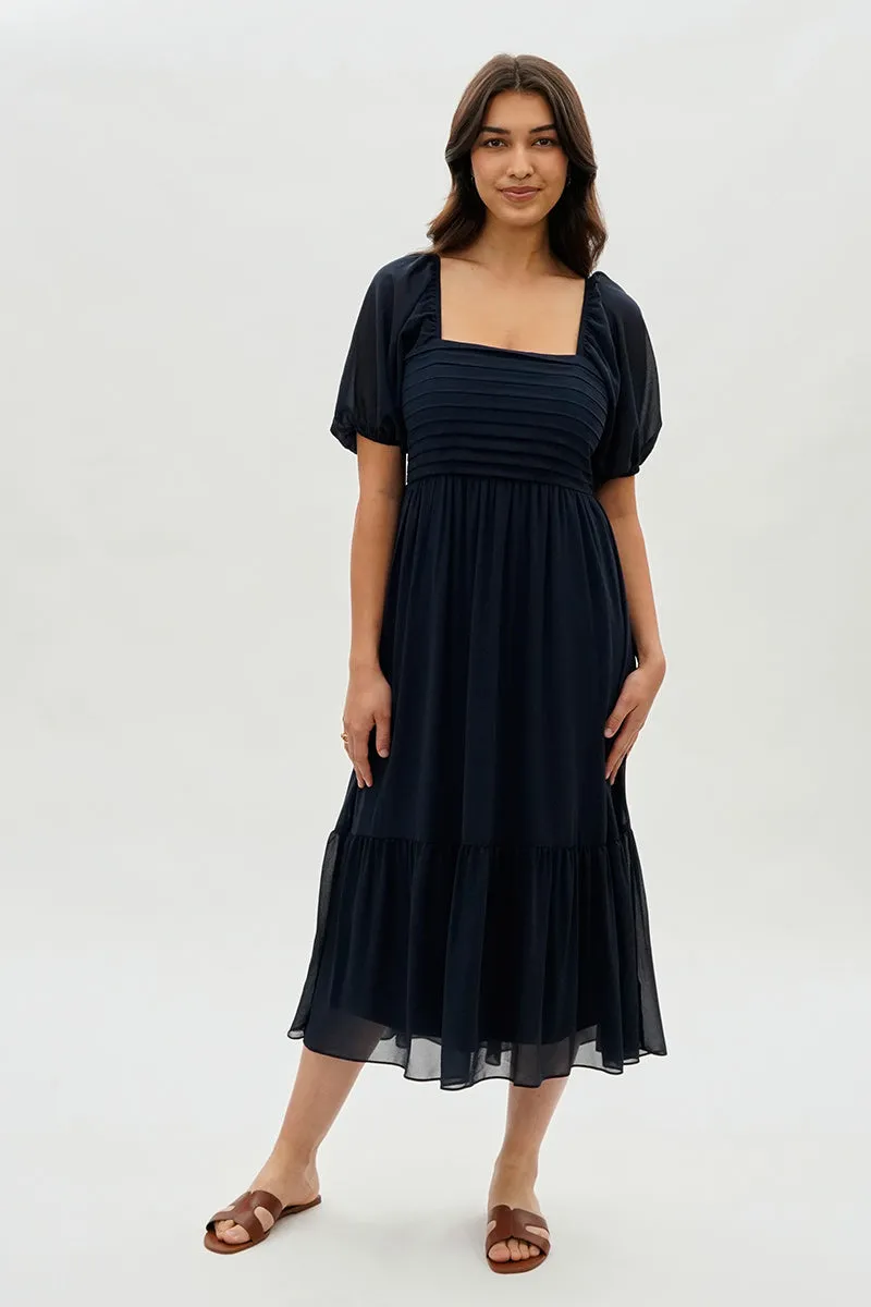 Pleated Puff Sleeve Midi Dress - Navy sold by Fairweather product image thumbnail 5