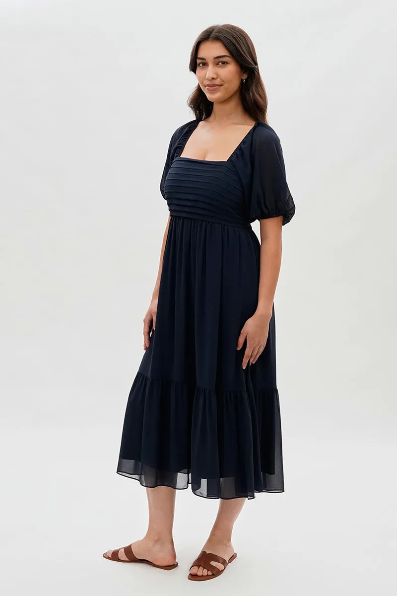 Pleated Puff Sleeve Midi Dress - Navy sold by Fairweather product image thumbnail 2