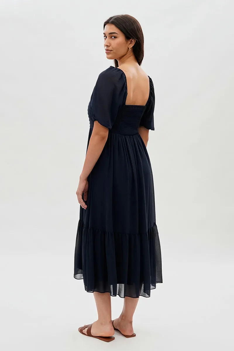 Pleated Puff Sleeve Midi Dress - Navy sold by Fairweather product image thumbnail 3