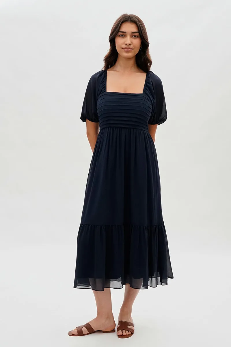 Pleated Puff Sleeve Midi Dress - Navy sold by Fairweather