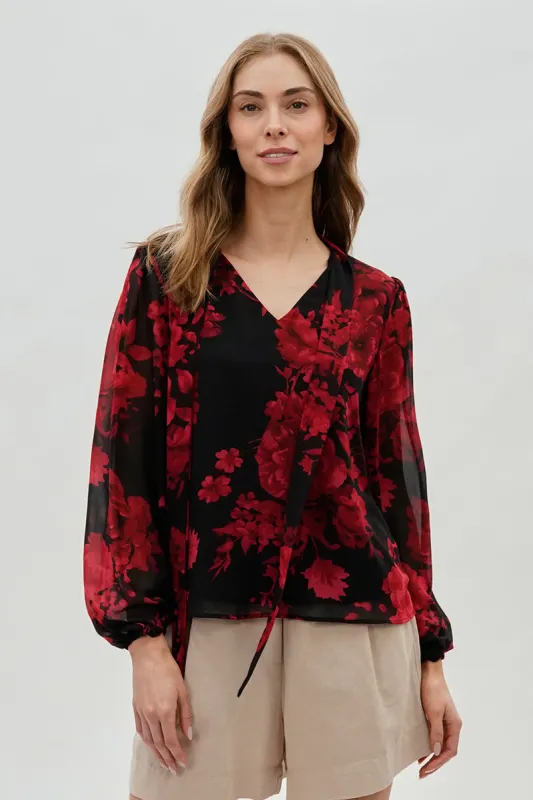 Beechers Brook Floral Tie-Neck Chiffon Blouse - Black sold by Fairweather