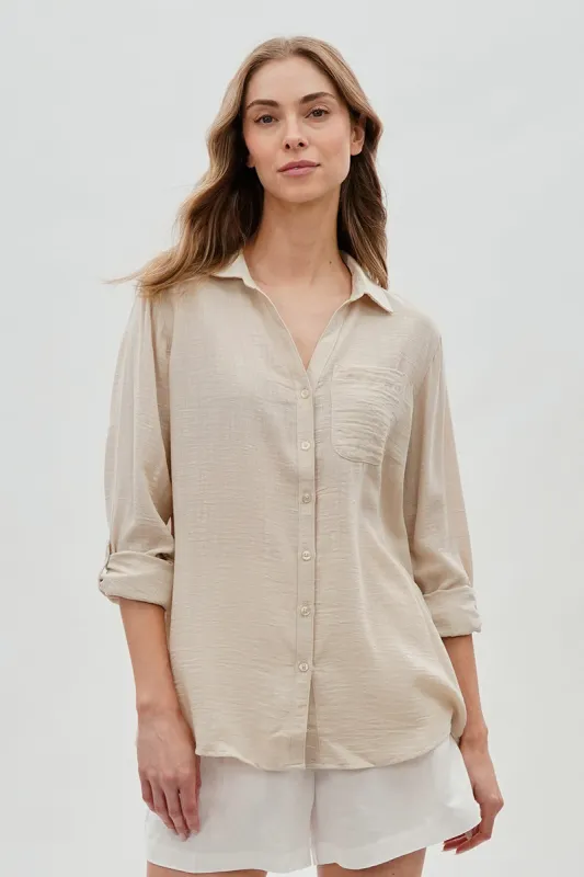 Super Triple Goose Vintage Textured Button Up Shirt - Beige sold by Fairweather