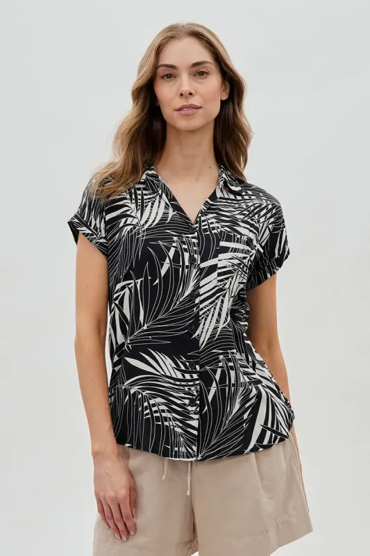 Majora Leaf Print Short Sleeve Shirt - Black sold by Fairweather