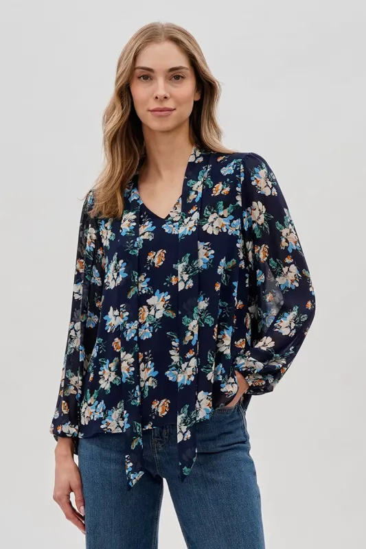 Beechers Brook Floral Tie-Neck Chiffon Blouse - Navy sold by Fairweather