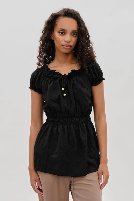 Runaway Bay Cinched Short Sleeve Blouse - Black sold by Fairweather