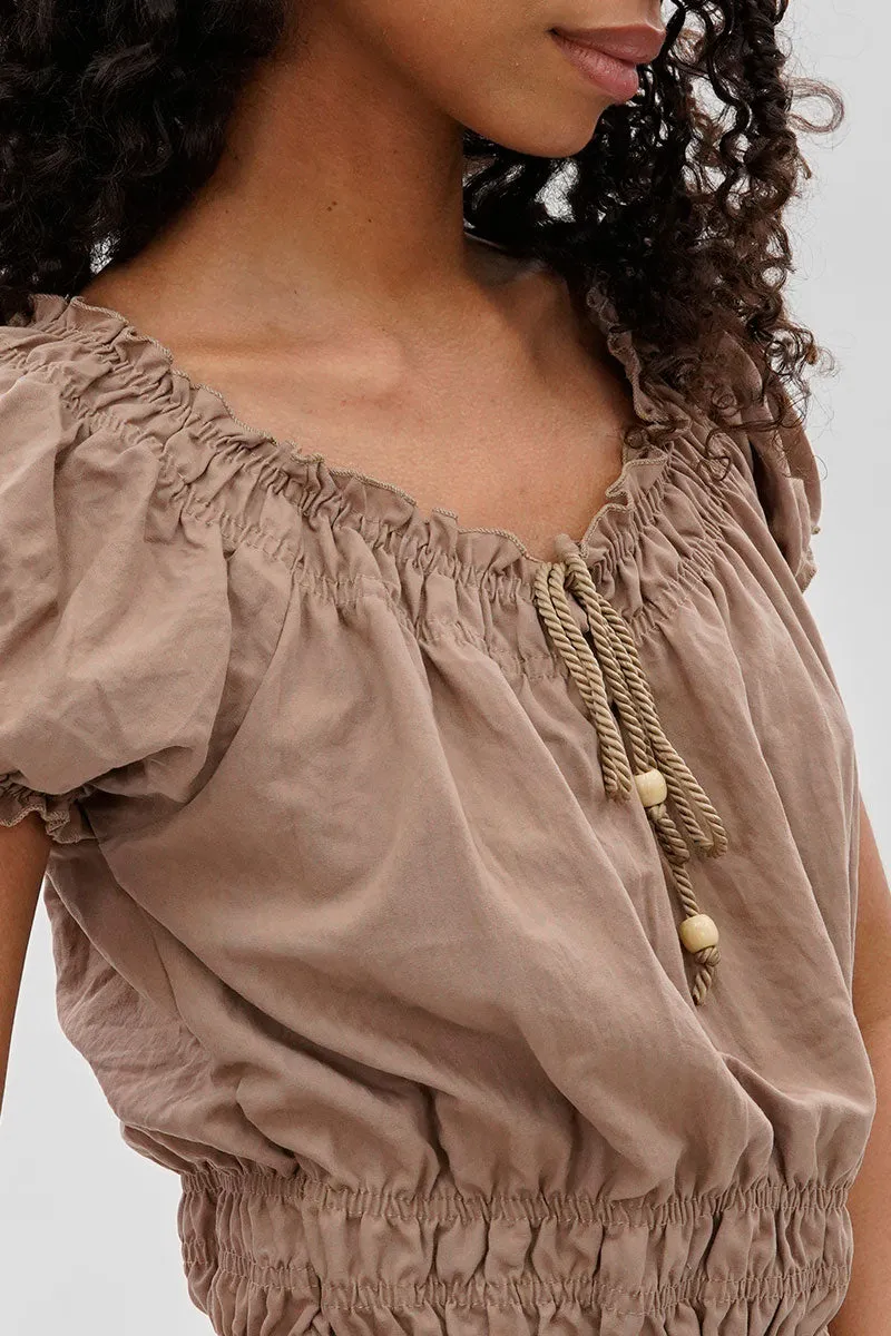 Runaway Bay Cinched Short Sleeve Blouse - Taupe sold by Fairweather product image thumbnail 4