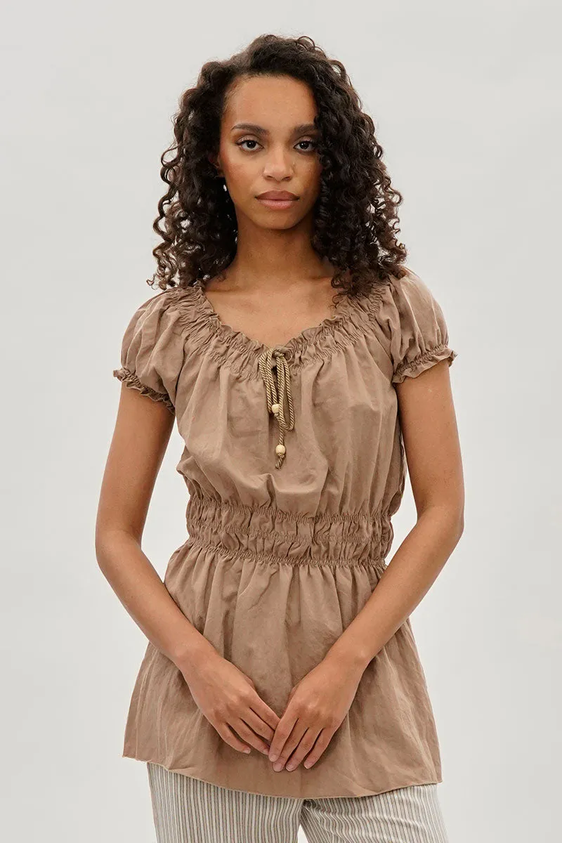Runaway Bay Cinched Short Sleeve Blouse - Taupe sold by Fairweather