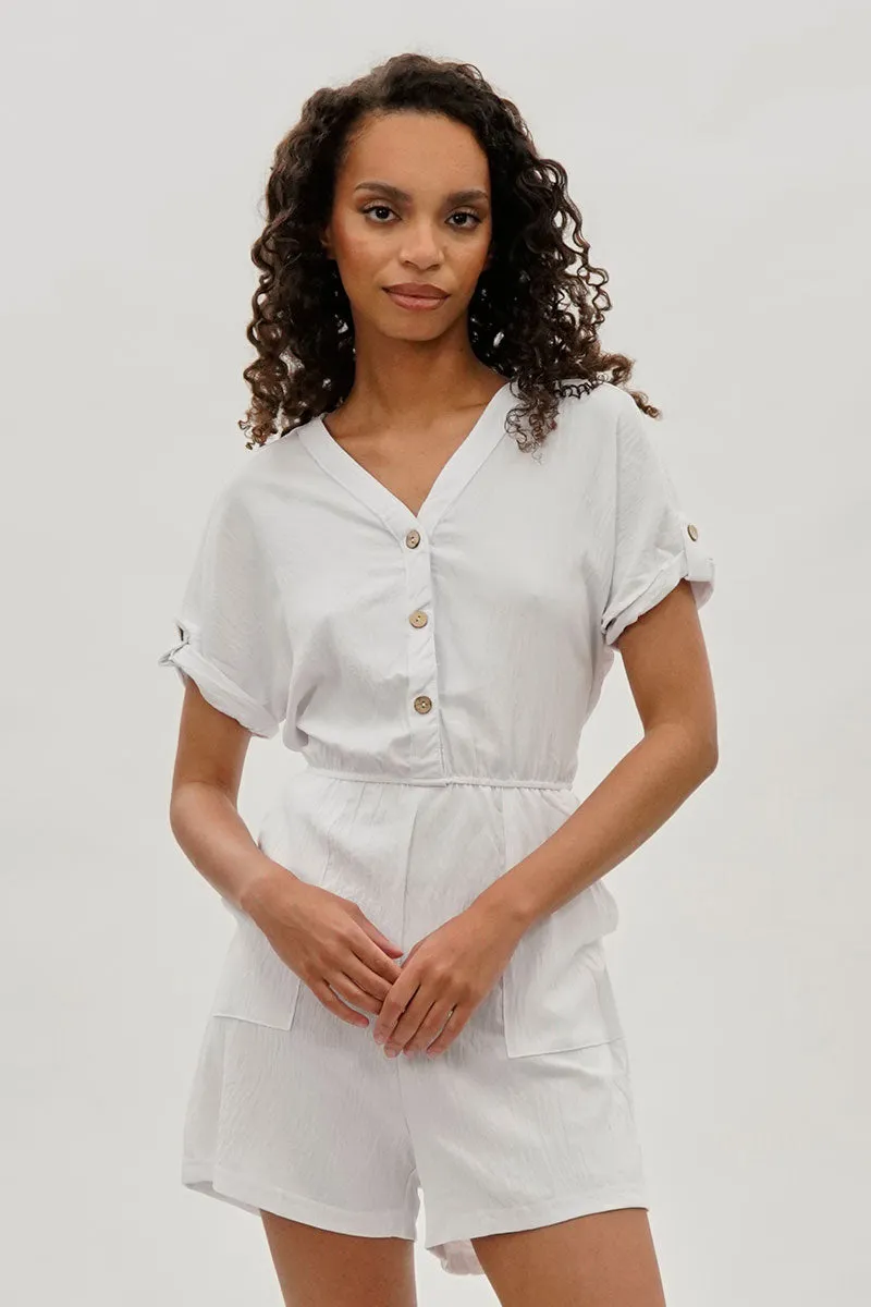 Stylexchange Vintage Back Tie Button Up Romper - White sold by Fairweather
