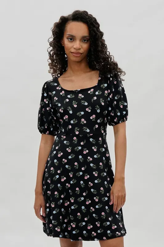 Costa Blanca Floral Square Neck Day Dress - Black sold by Fairweather