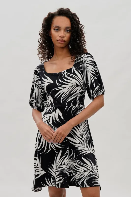 Costa Blanca Leaf Print Square Neck Day Dress - Black sold by Fairweather