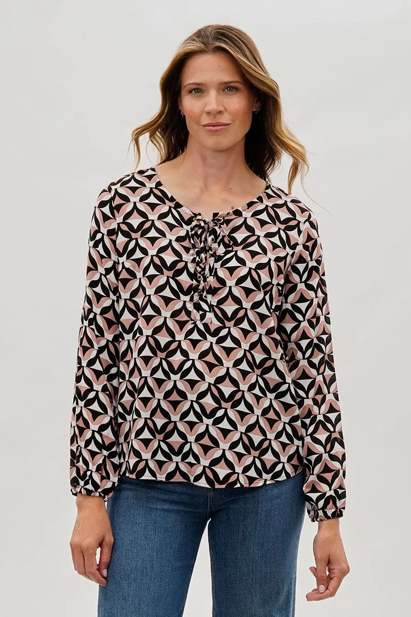 Beechers Brook Patterned Lace Up Blouse - Black sold by Fairweather