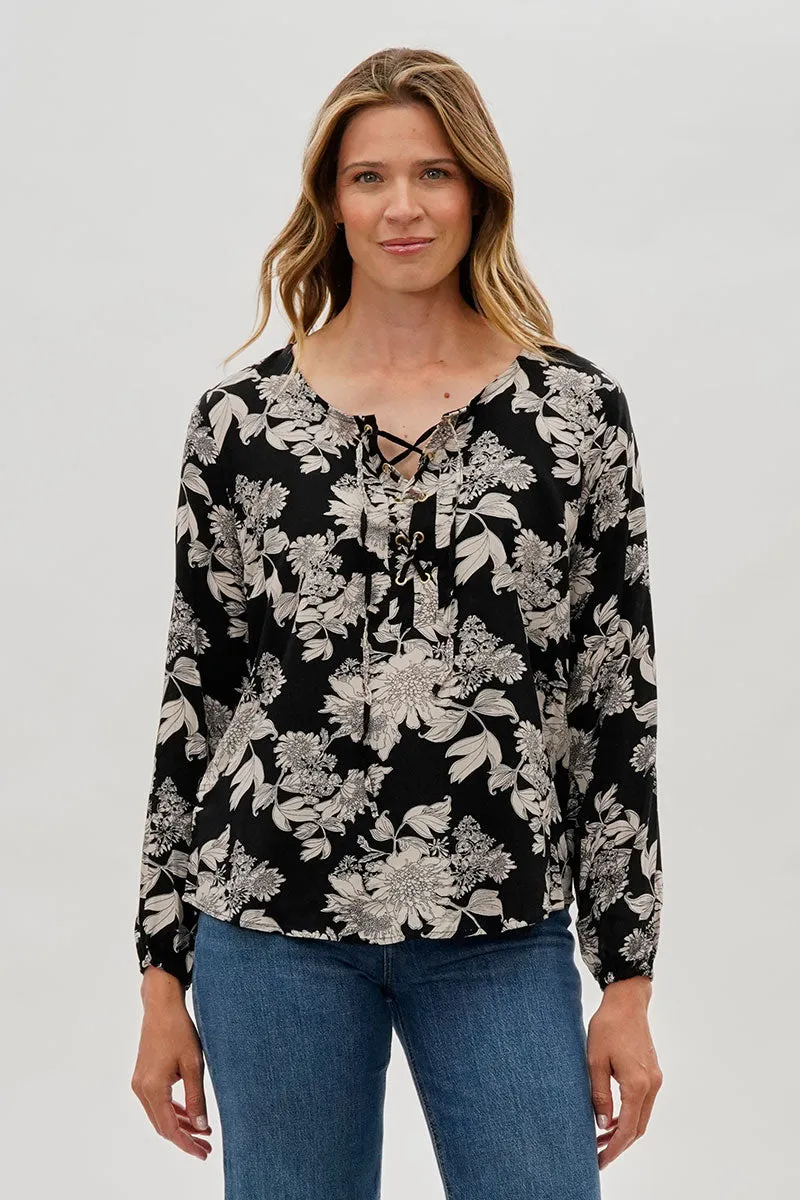Beechers Brook Floral Lace Up Blouse - Black sold by Fairweather