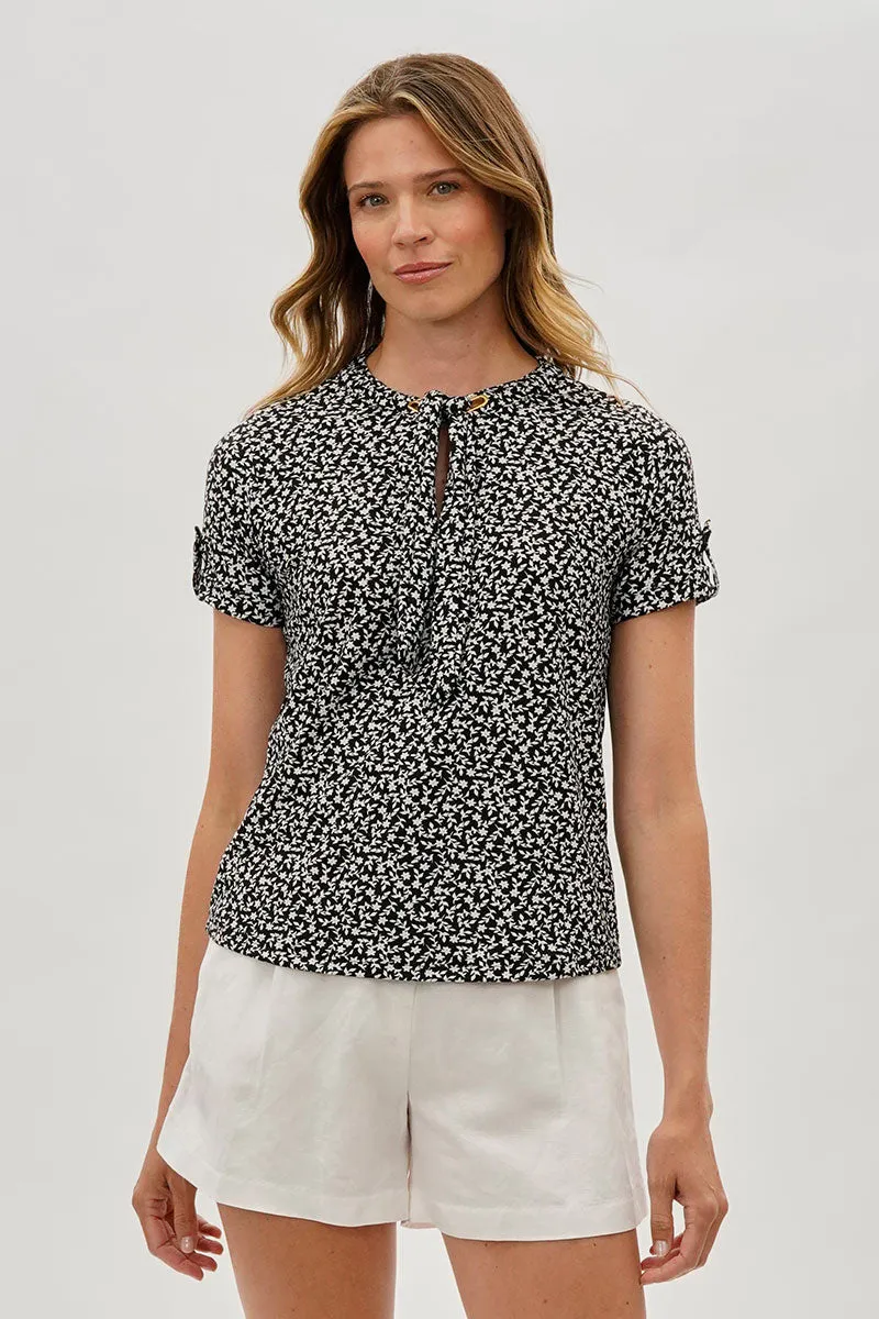 Beechers Brook Floral Tie-Neck Short Sleeve Blouse - Black sold by Fairweather