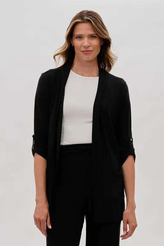 Costa Blanca Open Lightweight Wrap Cardigan - Black sold by Fairweather