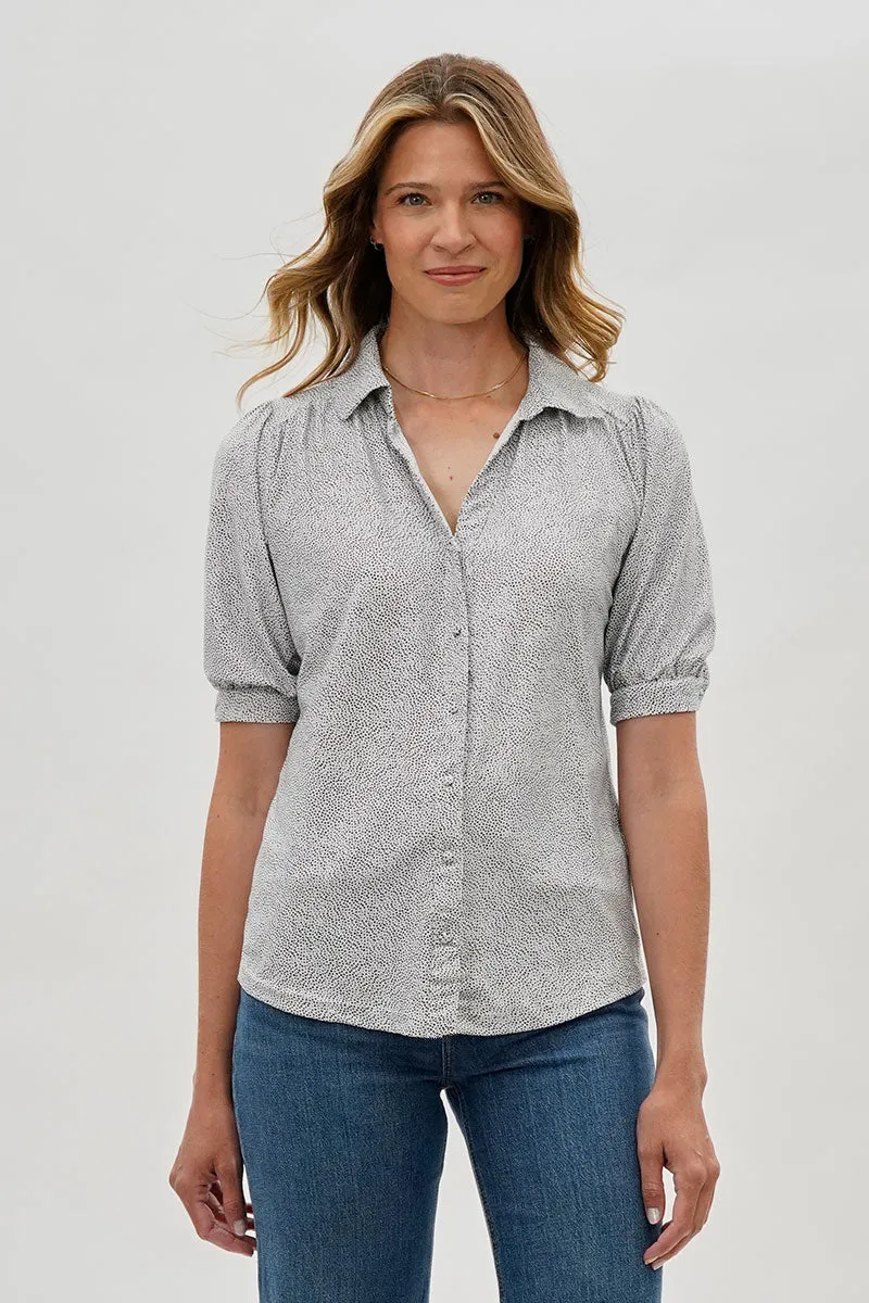 Beechers Brook Patterned Puff Sleeve Button Down Blouse - Grey sold by Fairweather