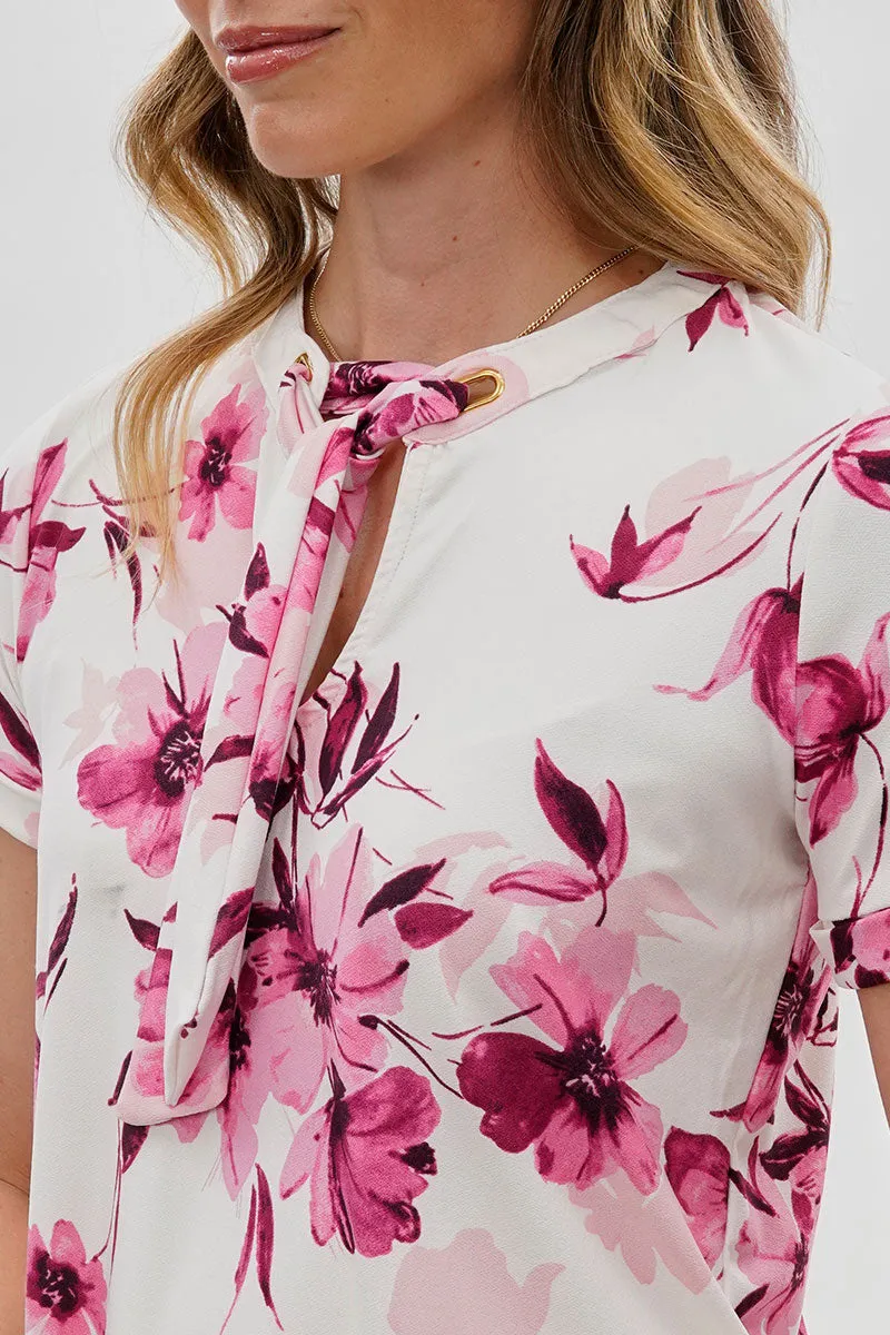 Beechers Brook Floral Tie-Neck Short Sleeve Blouse - White sold by Fairweather product image thumbnail 4