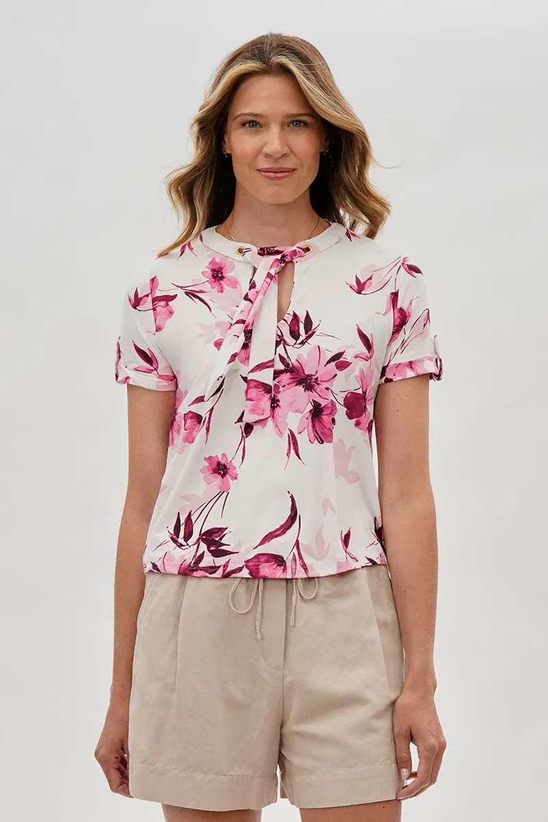 Beechers Brook Floral Tie-Neck Short Sleeve Blouse - White sold by Fairweather