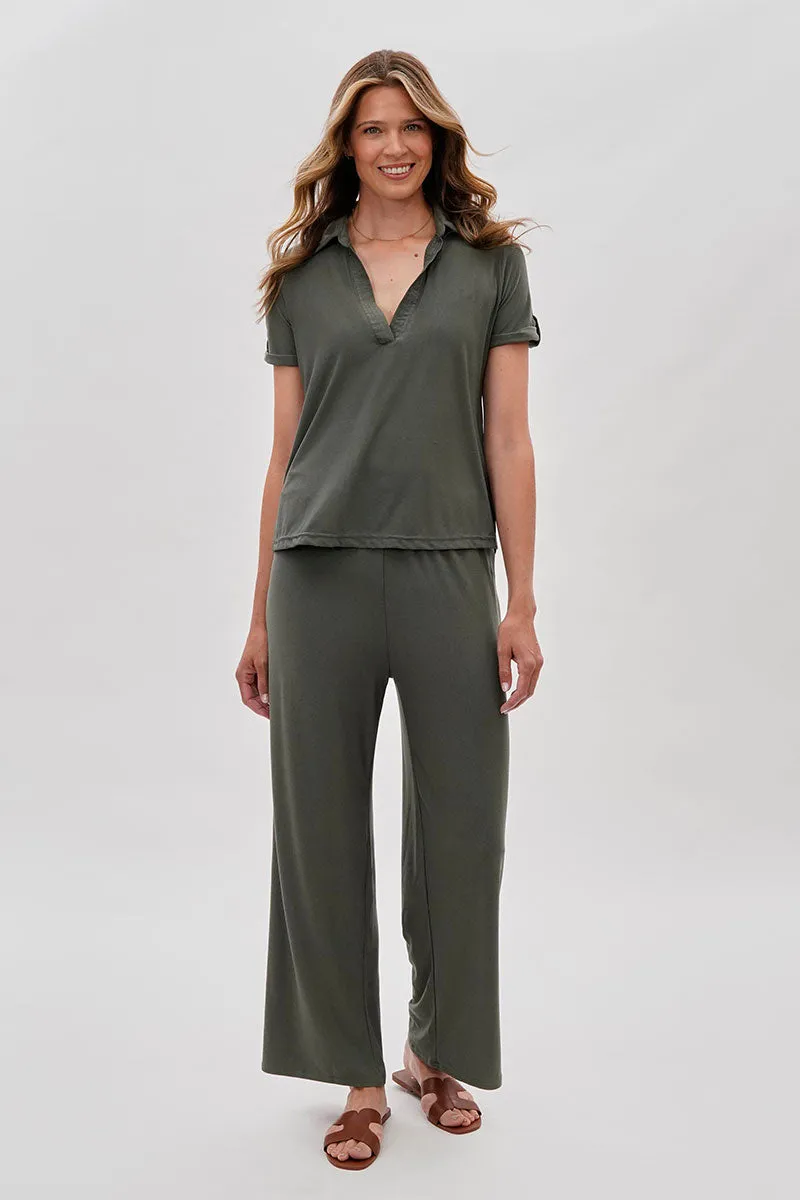 Costa Blanca Short Sleeve Split Neck Blouse - Olive sold by Fairweather product image thumbnail 5