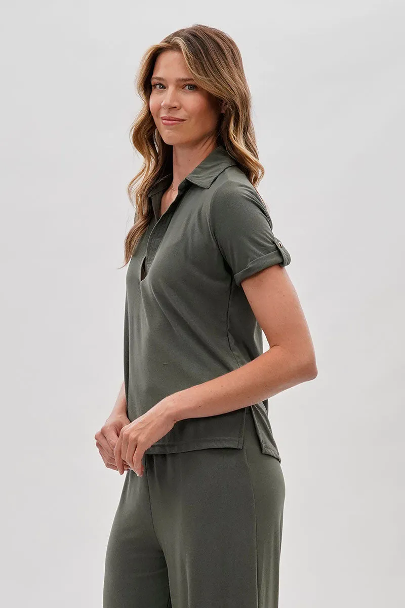 Costa Blanca Short Sleeve Split Neck Blouse - Olive sold by Fairweather product image thumbnail 2