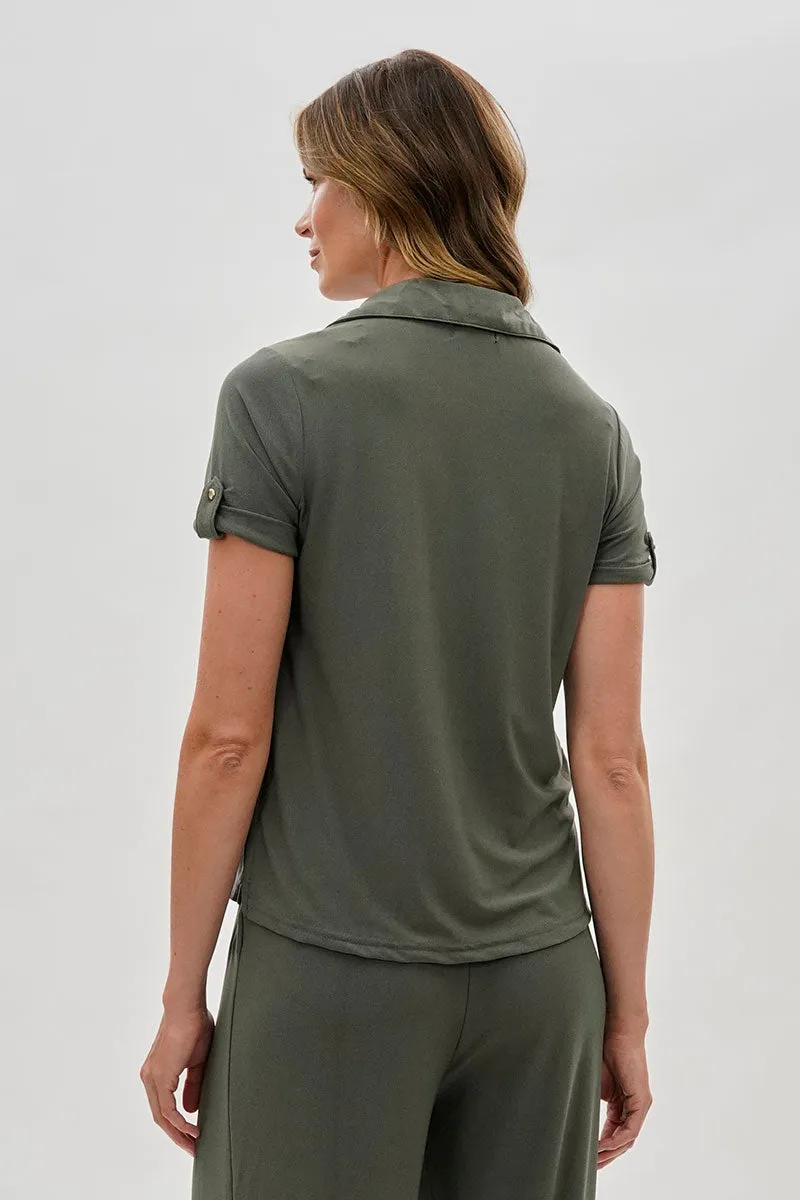 Costa Blanca Short Sleeve Split Neck Blouse - Olive sold by Fairweather product image thumbnail 3