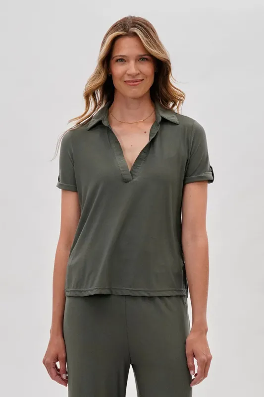 Costa Blanca Short Sleeve Split Neck Blouse - Olive sold by Fairweather