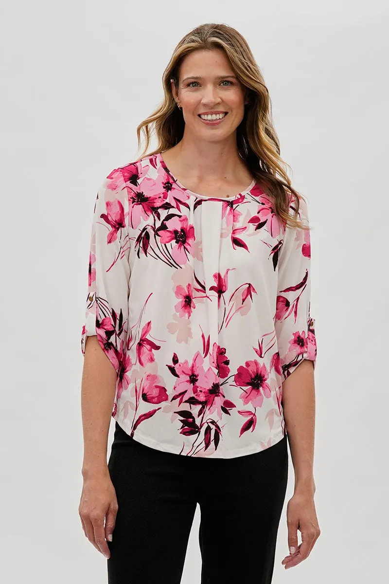 Beechers Brook Floral Roll Up Sleeve Blouse - White sold by Fairweather