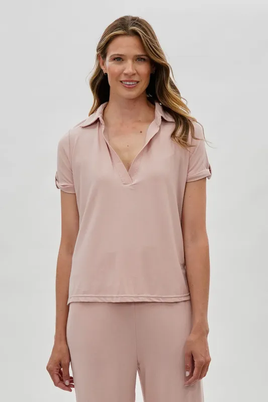 Costa Blanca Short Sleeve Split Neck Blouse - Blush sold by Fairweather