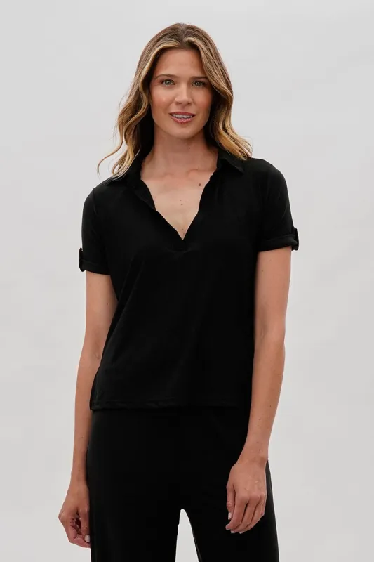 Short Sleeve Split Neck Blouse - Black made by Costa Blanca