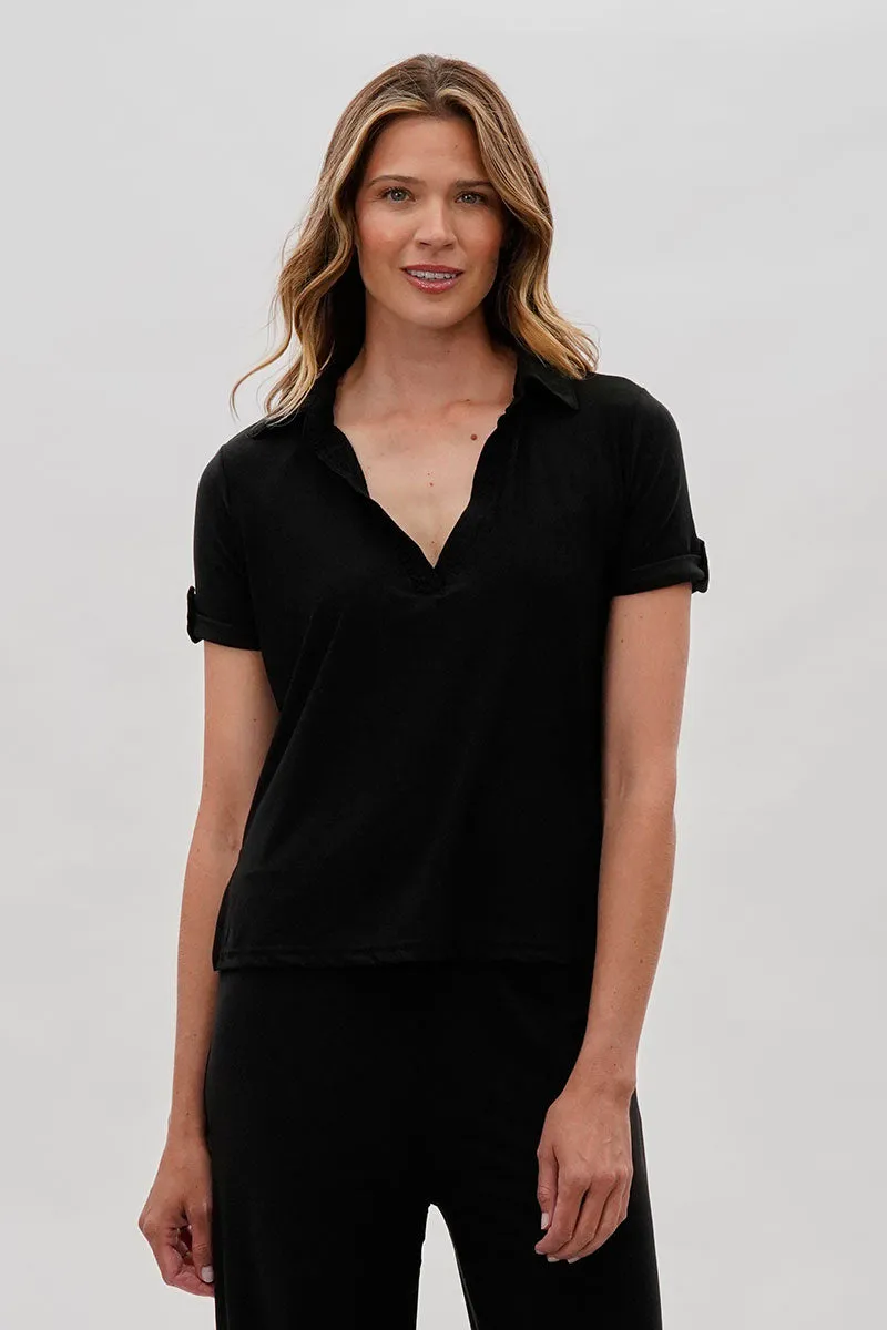 Short Sleeve Split Neck Blouse - Black sold by Fairweather