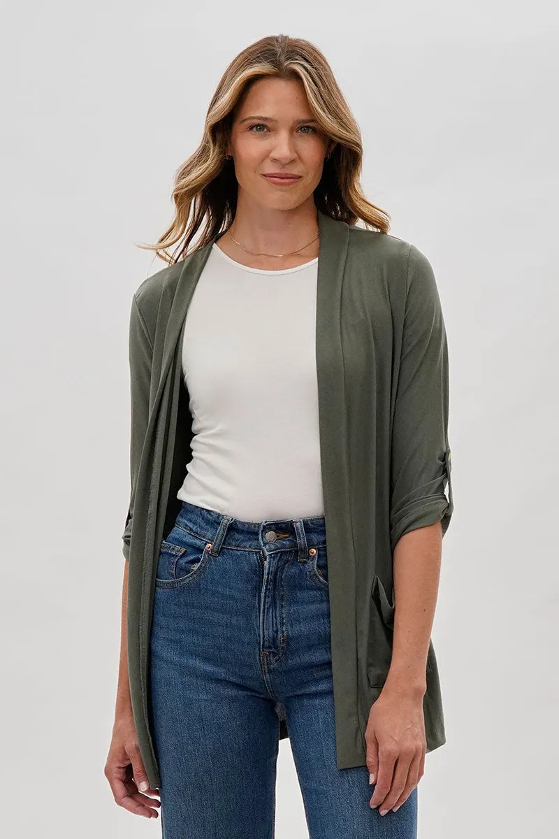 Costa Blanca Open Lightweight Wrap Cardigan - Olive sold by Fairweather