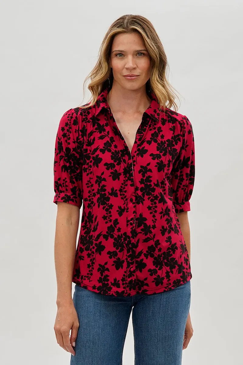 Beechers Brook Floral Puff Sleeve Button Down Blouse - Red sold by Fairweather