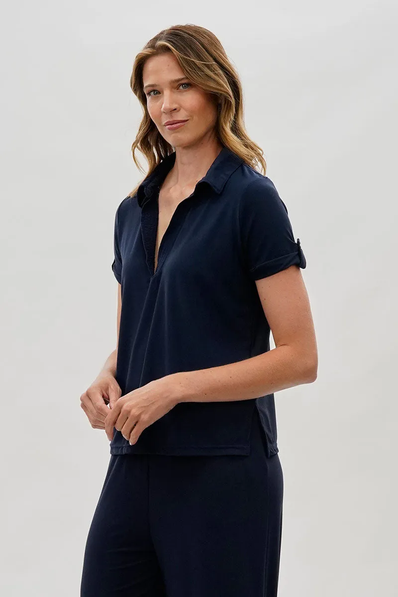 Costa Blanca Short Sleeve Split Neck Blouse - Navy sold by Fairweather product image thumbnail 2