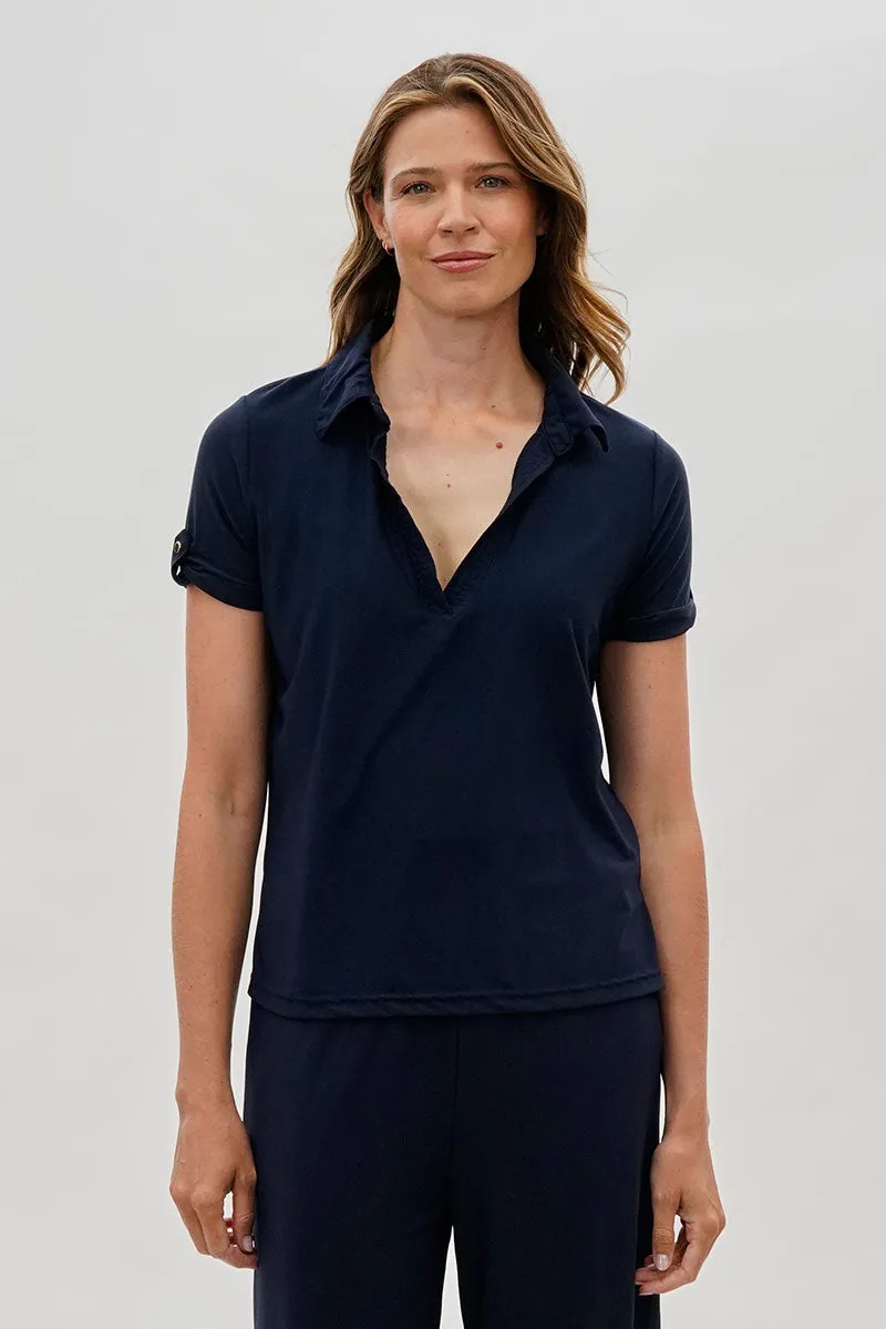 Costa Blanca Short Sleeve Split Neck Blouse - Navy sold by Fairweather
