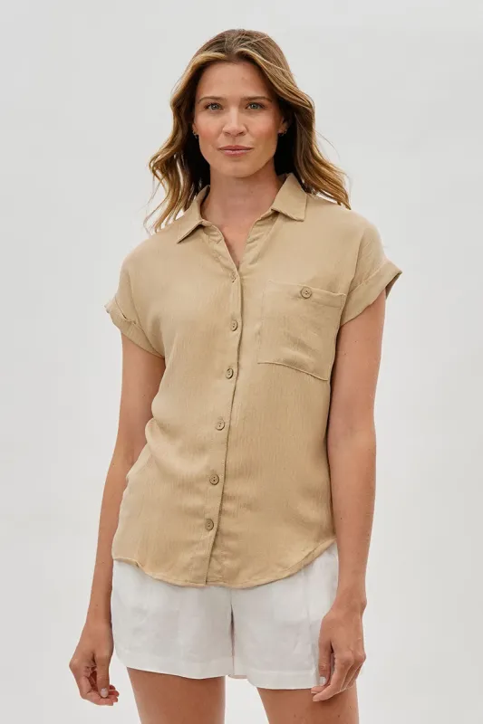 Sylexchange Vintage Short Sleeve Button Down Shirt - Beige sold by Fairweather