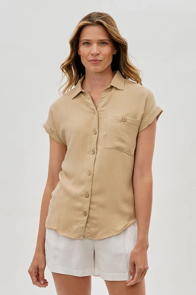 Sylexchange Vintage Short Sleeve Button Down Shirt - Beige sold by Fairweather