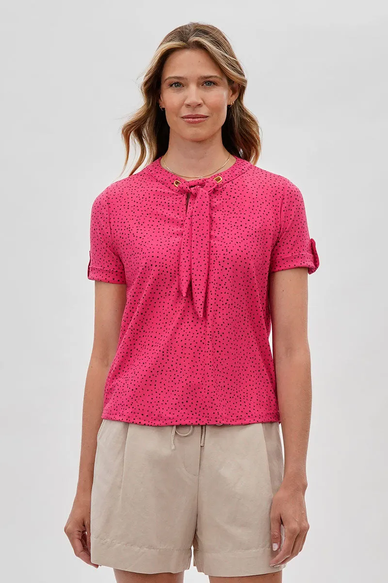 Beechers Brook Polka Dot Tie-Neck Short Sleeve Blouse - Pink sold by Fairweather